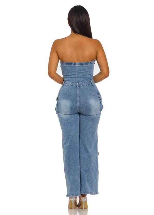 Denim Cargo Jumpsuits Strapless Pockets