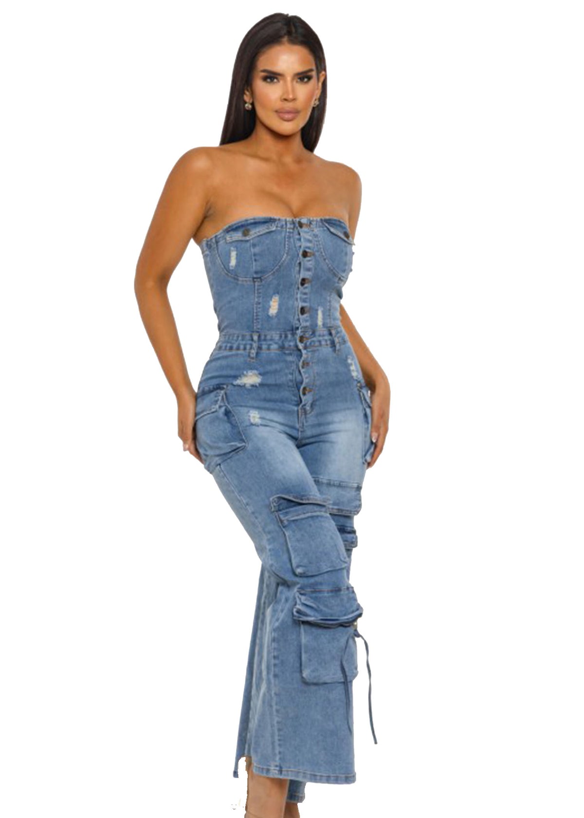 Denim Cargo Jumpsuits Strapless Pockets